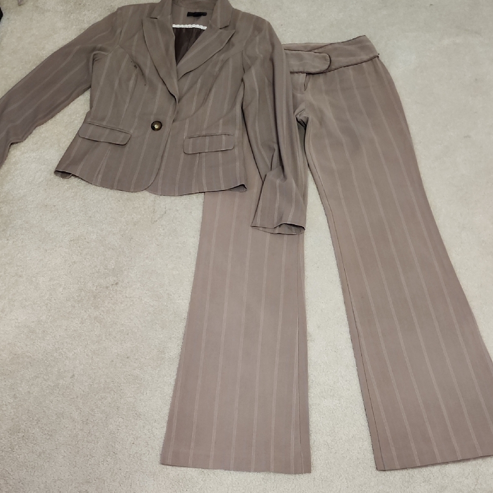 BCX Taupe Pinstripe Pantsuit Jacket & Wide Leg Pants